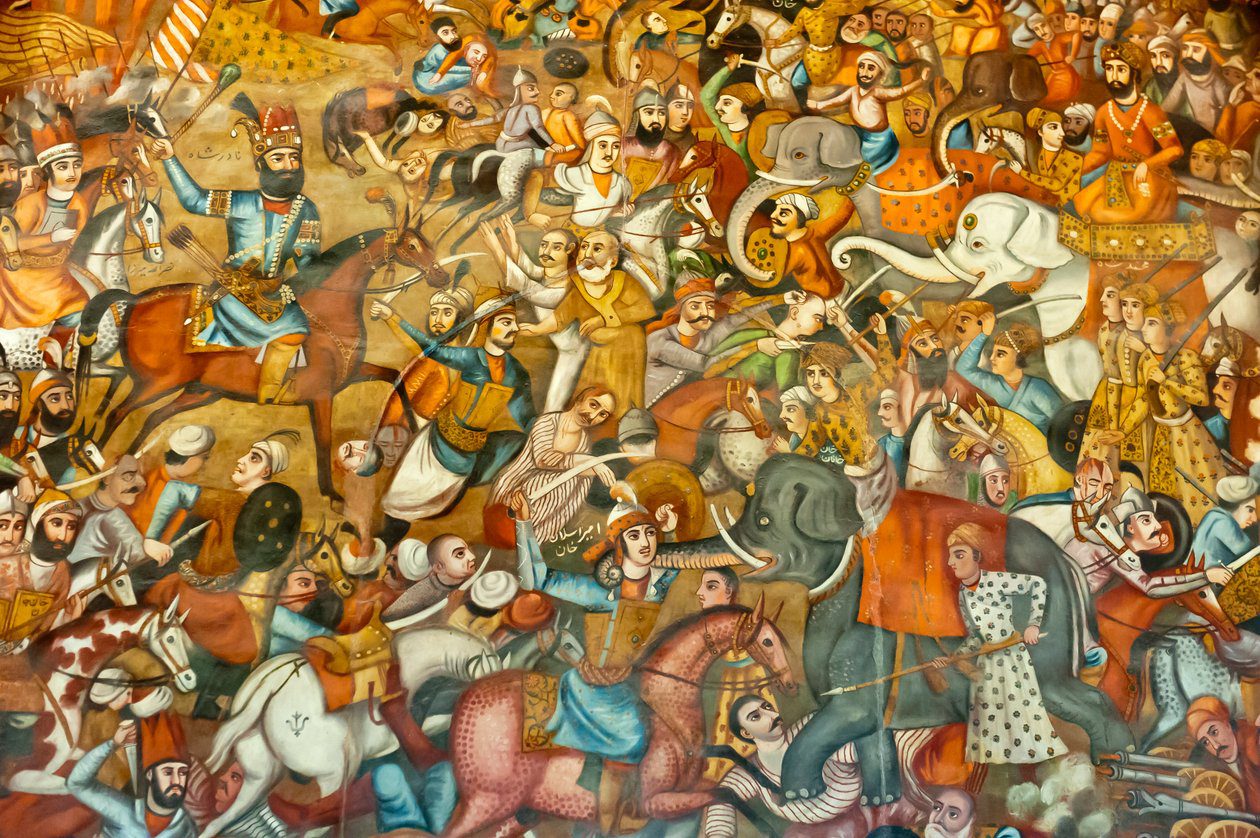 Unbekannter_Kuenstler_-_Fresco_battle_battle_of_Nadir_Shah_in_the_Battle_of_Karnal_1739_on_a_horse_again_-_(MeisterDrucke-945526)